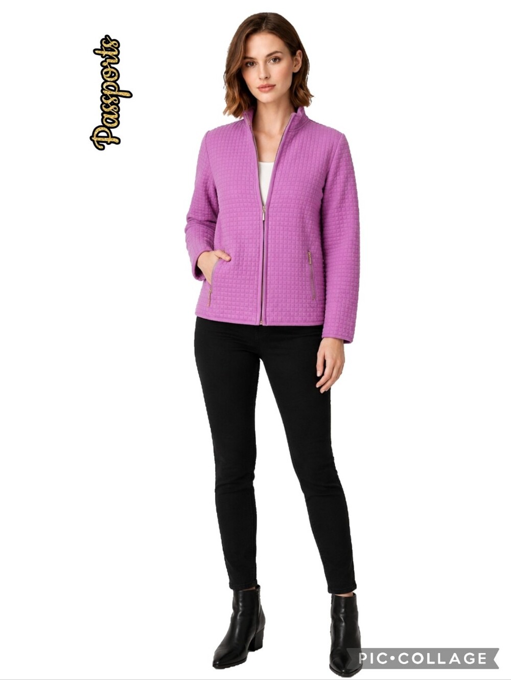Passports jacket quilted, front zip side zip pockets, 60% cotton,  gold hardwear